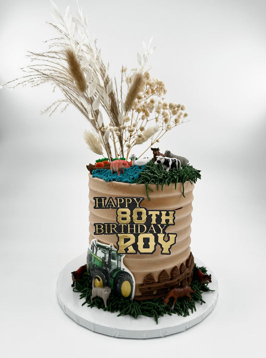 Custom farm-themed 80th birthday cake with tractor, animals, and rustic buttercream—perfect for milestone celebrations.